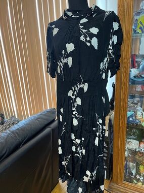 ba&sh Black Midi Dress with White Floral Print
